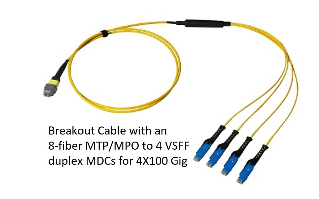 Image of a breakout cable with an 8-fiber MTP/MPO connector to 4 VSFF duplex MDC connectors