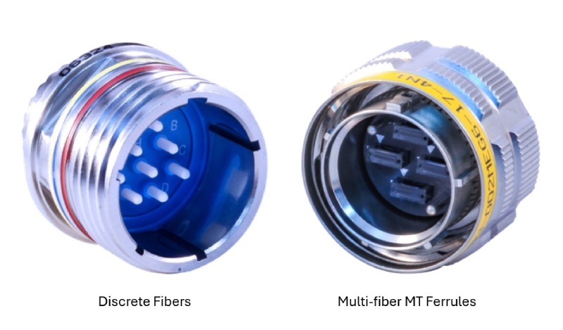 Series III circular fiber optic connectors, showing a discrete fiber layout on the left and an MT38999 configuration housing four rectangular multi-fiber MT ferrules on the right.