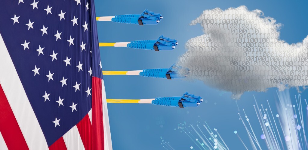 Blue fiber optic connectors sending streams of light toward the U.S. Capitol dome, representing broadband, data infrastructure, and government connectivity