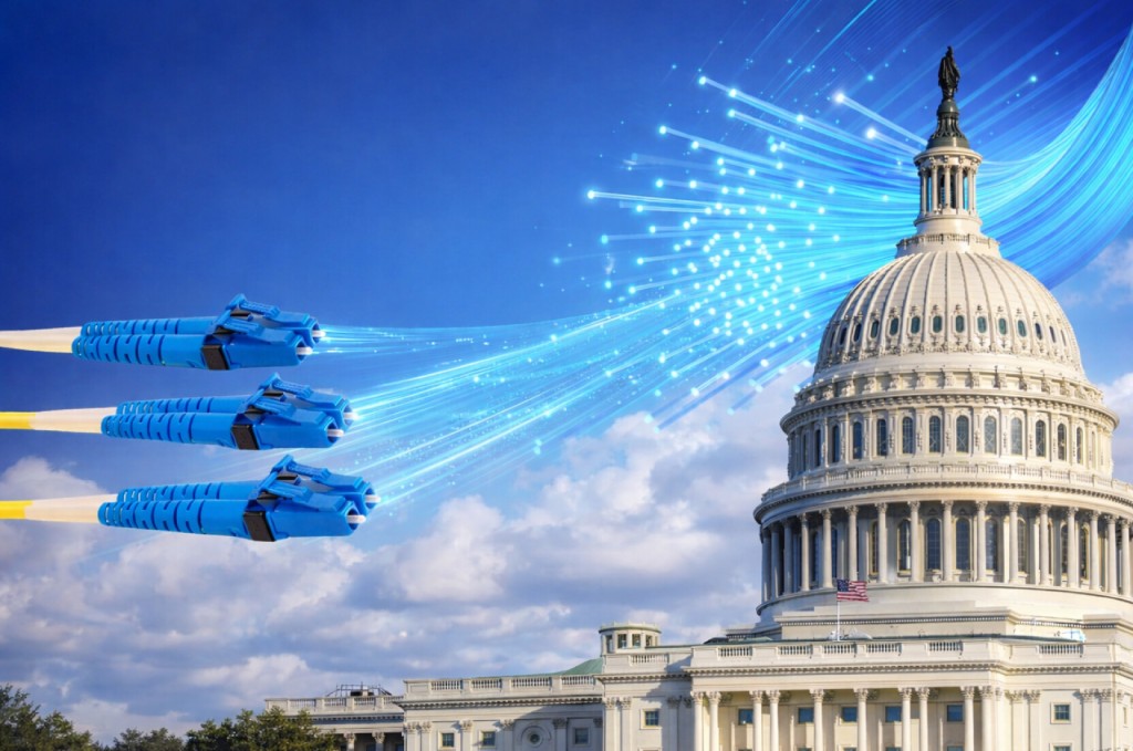 Blue fiber optic connectors sending streams of light toward the U.S. Capitol dome, representing broadband, data infrastructure, and government connectivity