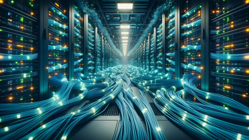 An image of a stylized data center with lots of cables