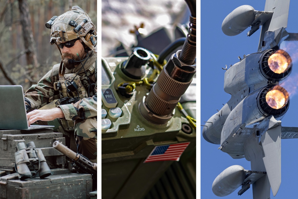 A three-panel montage of military technology: a soldier operating a laptop in the field, a close-up of tactical communications equipment bearing an American flag decal, and a military fighter jet climbing with afterburners ignited. A three-panel montage of military technology: a soldier operating a laptop in the field, a close-up of tactical communications equipment bearing an American flag decal, and a military fighter jet climbing with afterburners ignited.