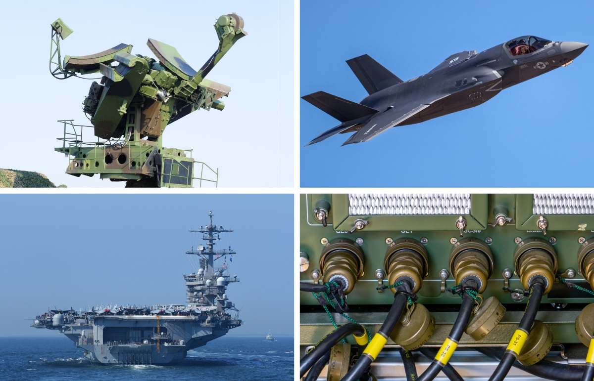 Collage of defense equipment: radar antenna, stealth fighter jet, aircraft carrier, and rugged military cable connectors. Collage of defense equipment: radar antenna, stealth fighter jet, aircraft carrier, and rugged military cable connectors.