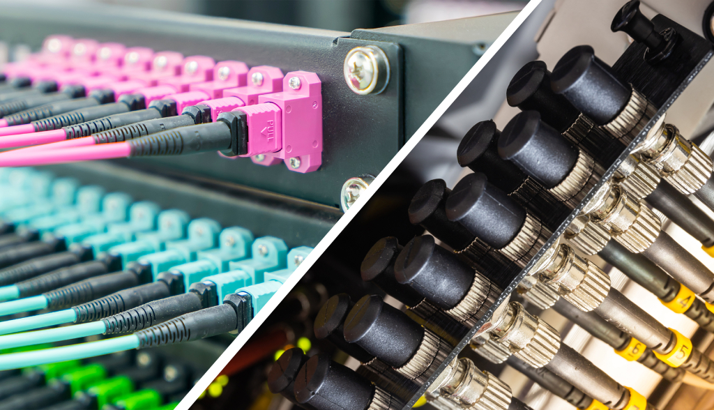 MPOMTPvsMT38999_mainimage.jpg. <Split-screen comparison of high-density fiber optic patch panels: standard commercial MPO push-pull connectors on the left versus ruggedized circular MT38999 connectors with metal shells on the right. MPOMTPvsMT38999_mainimage.jpg. <Split-screen comparison of high-density fiber optic patch panels: standard commercial MPO push-pull connectors on the left versus ruggedized circular MT38999 connectors with metal shells on the right.