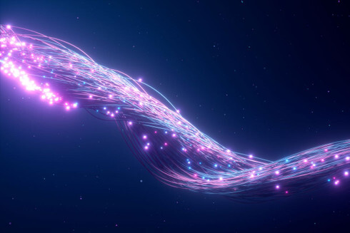 A stylized version of purple and blue fiber optics entwined together