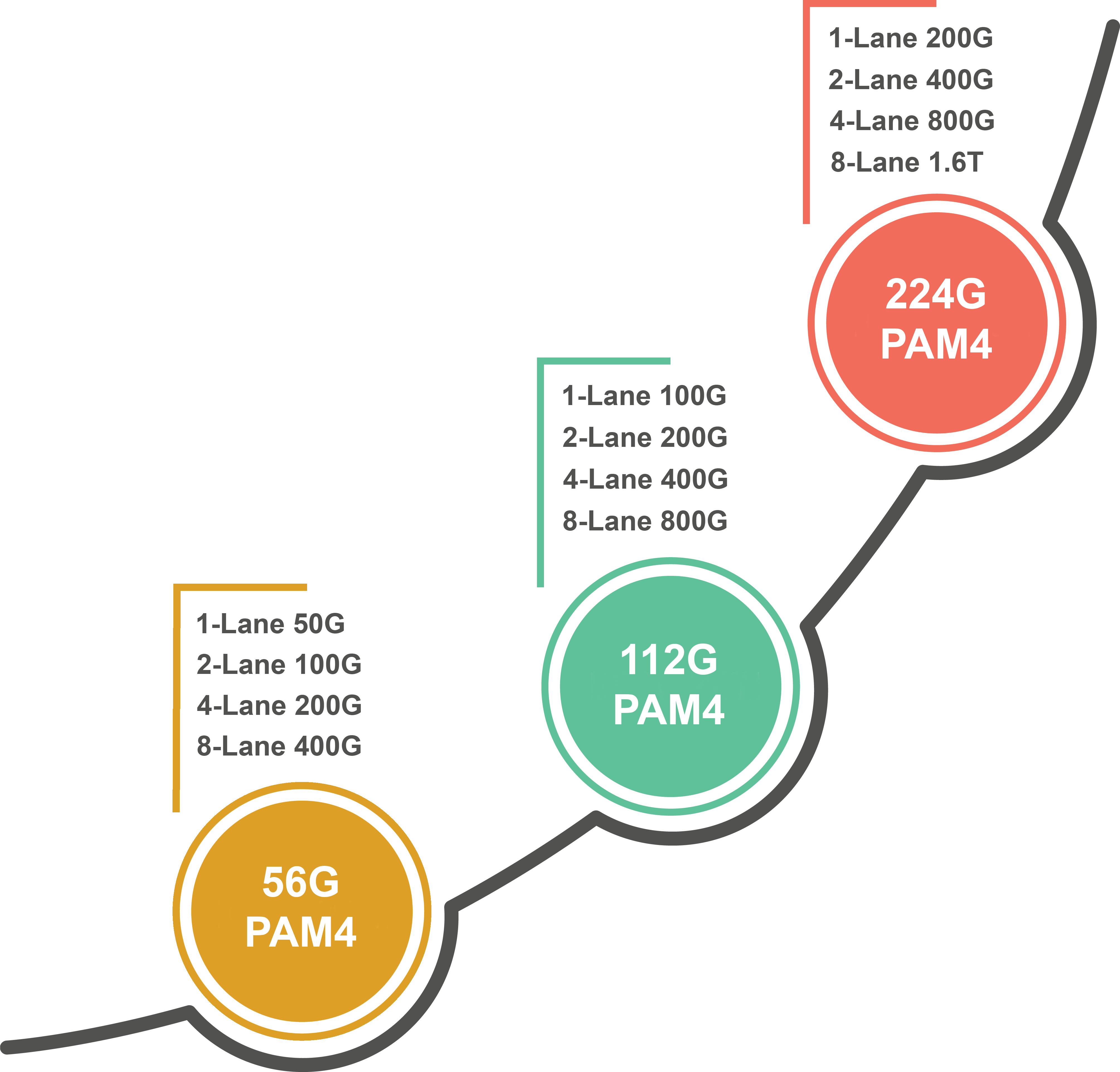 Graphic showing the evolution of PAM4 technology from 56G to 224G