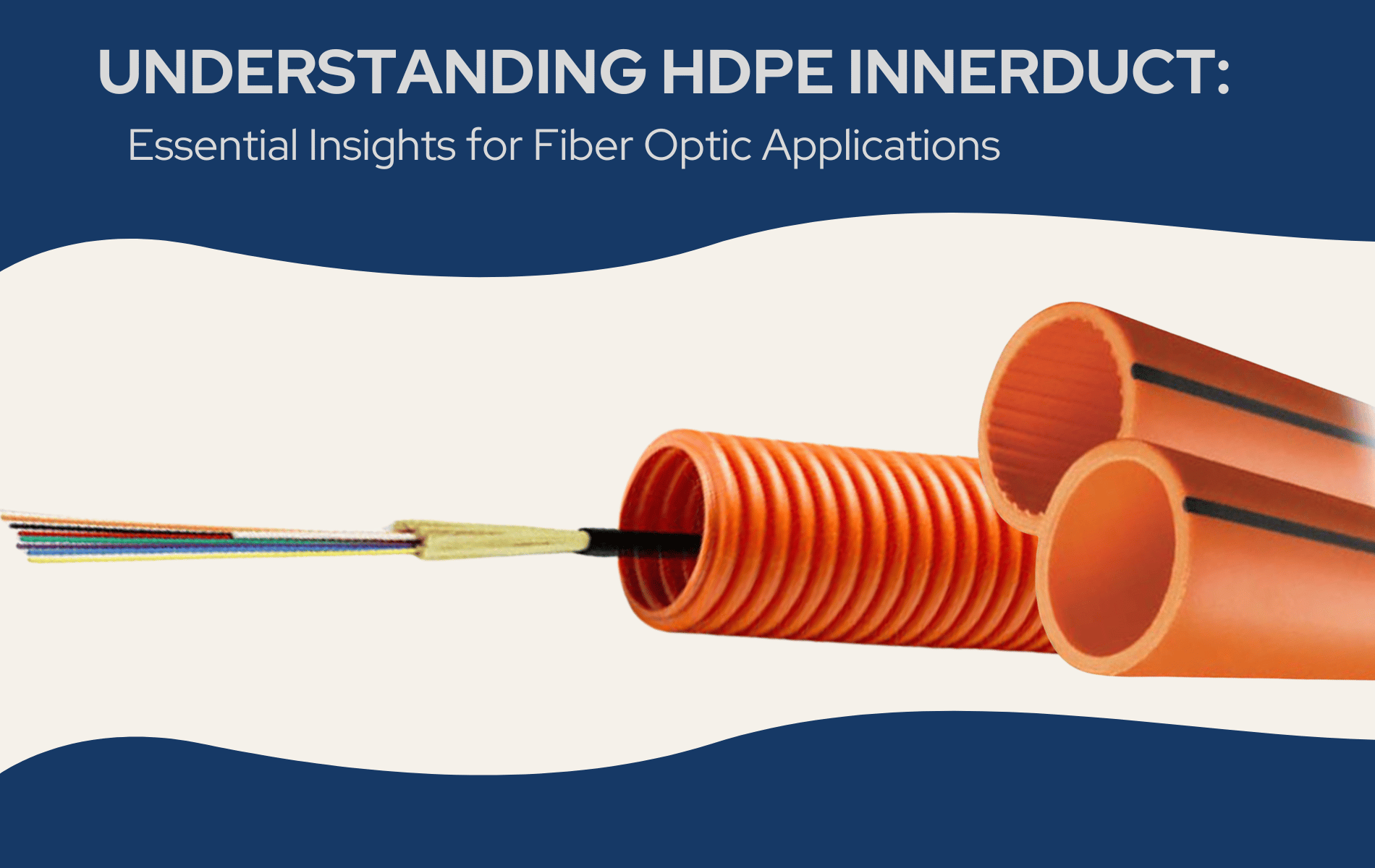 An informative graphic showing different types of ribbed orange HDPE innerduct conduit and a fiber cable, illustrating the protective layering used for underground and riser cable runs.