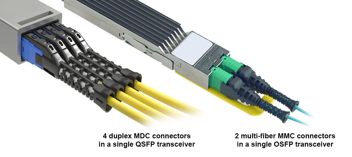 Image of 4 duplex MDC connectors in a single transceiver and 2 multi-fiber MMC connectors in a single transceiver.